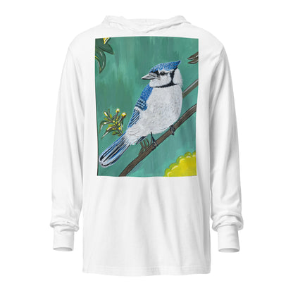 Hooded unisex long-sleeve tee with Blue Jay art print in white