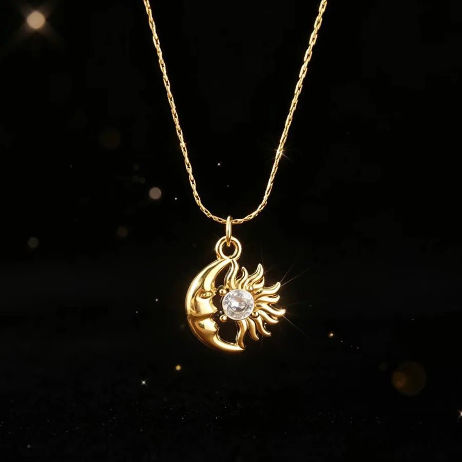 Unisex Moon Hypoallergenic Necklace with Zircon Inlay, 18K Real Gold Plated 304 Stainless Steel, PVD Coated Figaro Chain - Canvas & Charms