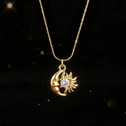 Unisex Moon Hypoallergenic Necklace with Zircon Inlay, 18K Real Gold Plated 304 Stainless Steel, PVD Coated Figaro Chain - Canvas & Charms