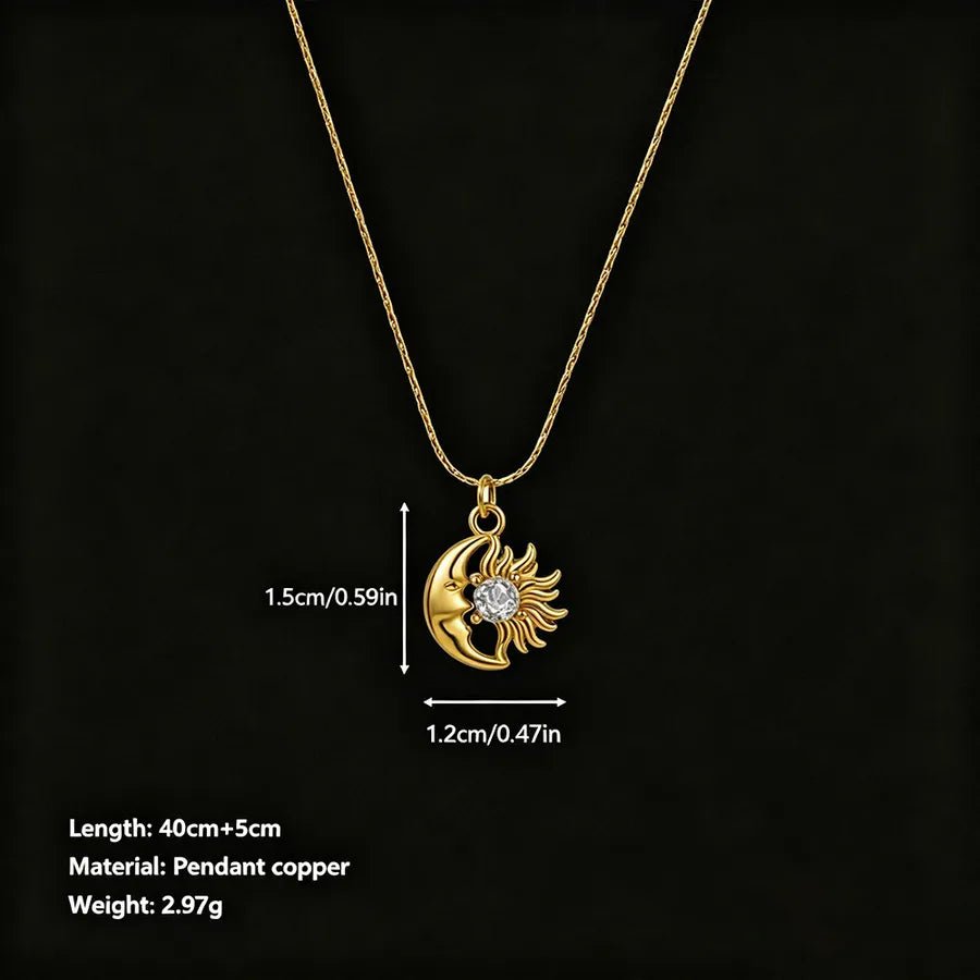 Unisex Moon Hypoallergenic Necklace with Zircon Inlay, 18K Real Gold Plated 304 Stainless Steel, PVD Coated Figaro Chain - Canvas & Charms