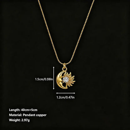 Unisex Moon Hypoallergenic Necklace with Zircon Inlay, 18K Real Gold Plated 304 Stainless Steel, PVD Coated Figaro Chain - Canvas & Charms