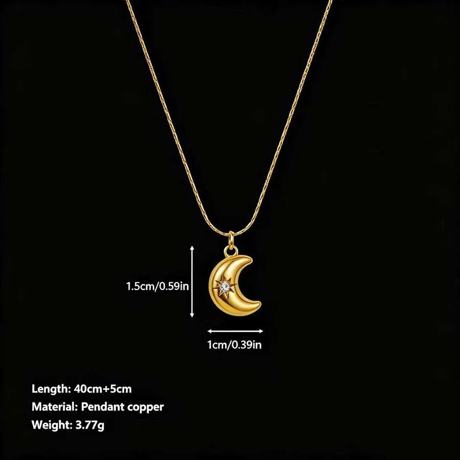 Unisex Moon Hypoallergenic Necklace with Zircon Inlay, 18K Real Gold Plated 304 Stainless Steel, PVD Coated Figaro Chain - Canvas & Charms