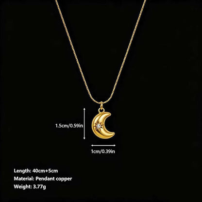 Unisex Moon Hypoallergenic Necklace with Zircon Inlay, 18K Real Gold Plated 304 Stainless Steel, PVD Coated Figaro Chain - Canvas & Charms