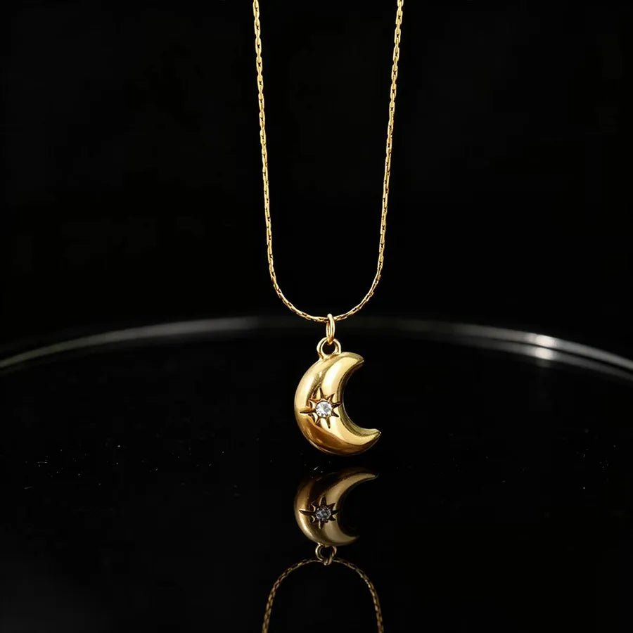 Unisex Moon Hypoallergenic Necklace with Zircon Inlay, 18K Real Gold Plated 304 Stainless Steel, PVD Coated Figaro Chain - Canvas & Charms