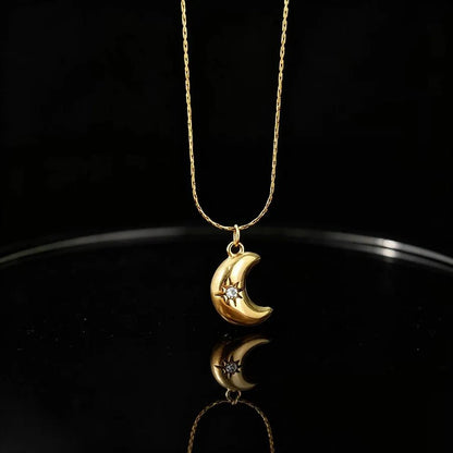 Unisex Moon Hypoallergenic Necklace with Zircon Inlay, 18K Real Gold Plated 304 Stainless Steel, PVD Coated Figaro Chain - Canvas & Charms