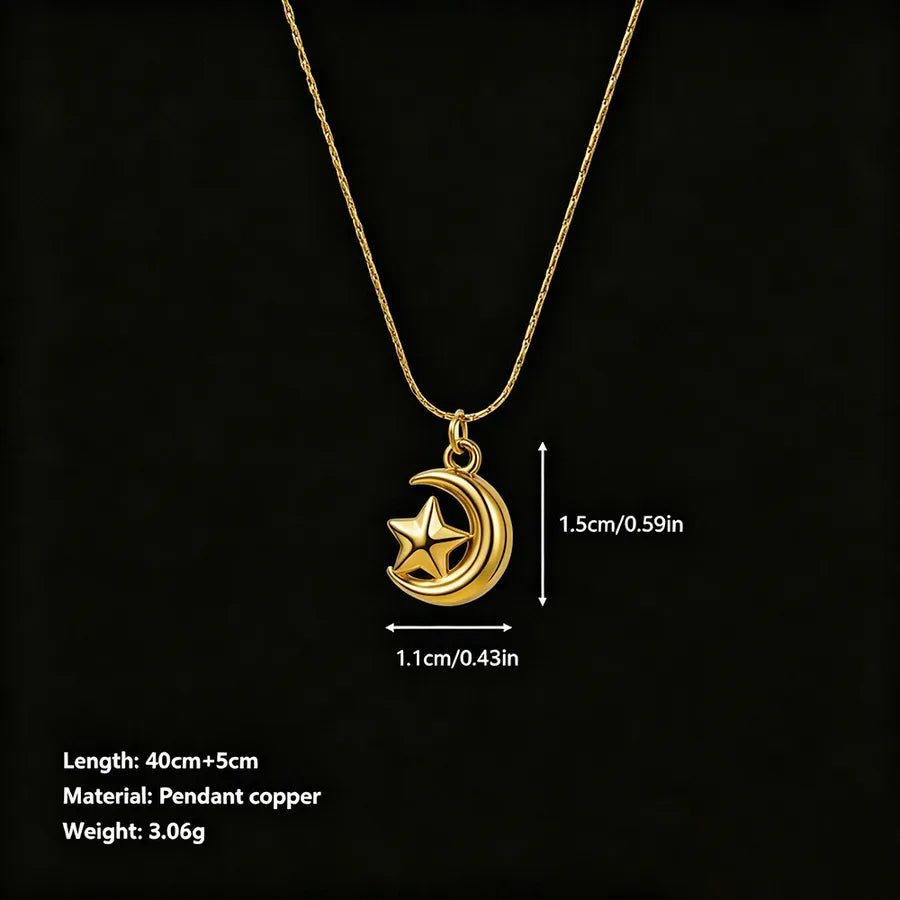 Unisex Moon Hypoallergenic Necklace with Zircon Inlay, 18K Real Gold Plated 304 Stainless Steel, PVD Coated Figaro Chain - Canvas & Charms