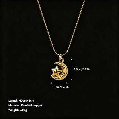 Unisex Moon Hypoallergenic Necklace with Zircon Inlay, 18K Real Gold Plated 304 Stainless Steel, PVD Coated Figaro Chain - Canvas & Charms