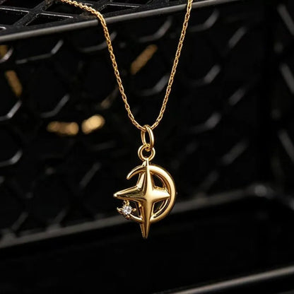 Unisex Moon Hypoallergenic Necklace with Zircon Inlay, 18K Real Gold Plated 304 Stainless Steel, PVD Coated Figaro Chain - Canvas & Charms