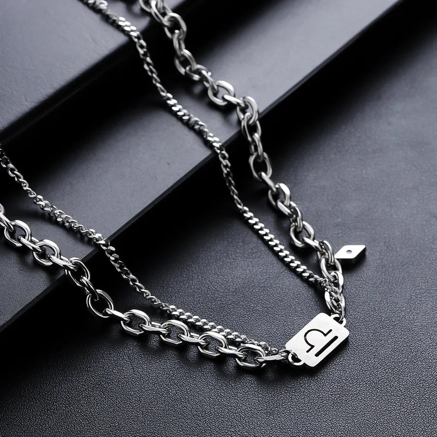 Unisex Titanium Steel Necklace Dual Layer Chain Non-Fading Twelve Zodiac Signs Fashionable Versatile Summer Luxury Accessory - Canvas & Charms