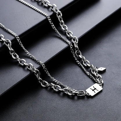 Unisex Titanium Steel Necklace Dual Layer Chain Non-Fading Twelve Zodiac Signs Fashionable Versatile Summer Luxury Accessory - Canvas & Charms
