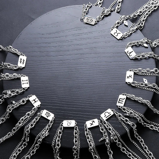 Unisex Titanium Steel Necklace Dual Layer Chain Non-Fading Twelve Zodiac Signs Fashionable Versatile Summer Luxury Accessory - Canvas & Charms