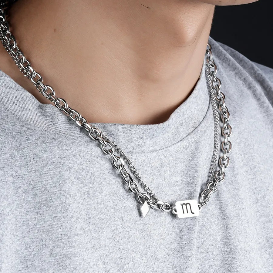 Unisex Titanium Steel Necklace Dual Layer Chain Non-Fading Twelve Zodiac Signs Fashionable Versatile Summer Luxury Accessory - Canvas & Charms
