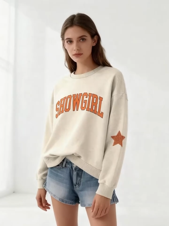 Showgirl Sweatshirt for Women Crewneck Orange Lettering & Star Design Round Neck Casual Pullover with Orange Elements for Music Events