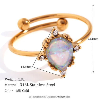 Wholesale Jewelry Elegant Classic Style Geometric Heart Shape 316L Stainless Steel Opal 18K Gold Plated Plating Adjustable Ring - Canvas & Charms