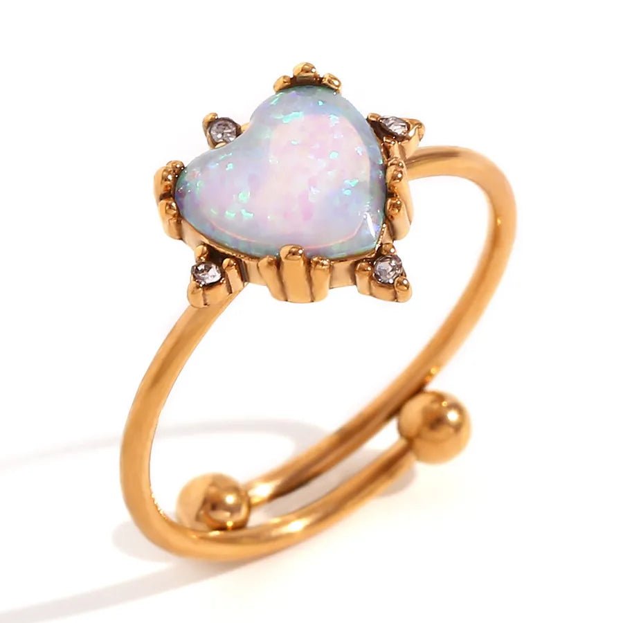 Wholesale Jewelry Elegant Classic Style Geometric Heart Shape 316L Stainless Steel Opal 18K Gold Plated Plating Adjustable Ring - Canvas & Charms