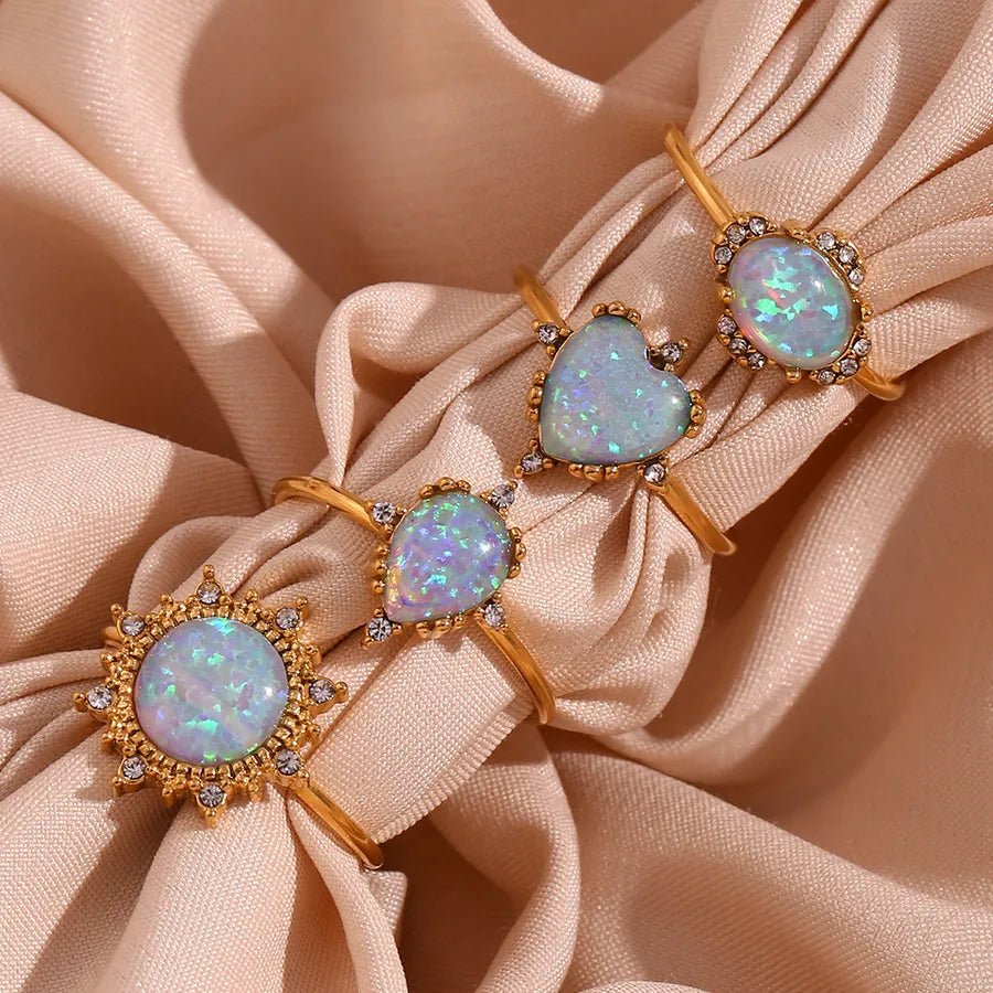 Wholesale Jewelry Elegant Classic Style Geometric Heart Shape 316L Stainless Steel Opal 18K Gold Plated Plating Adjustable Ring - Canvas & Charms