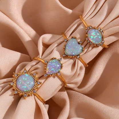 Wholesale Jewelry Elegant Classic Style Geometric Heart Shape 316L Stainless Steel Opal 18K Gold Plated Plating Adjustable Ring - Canvas & Charms