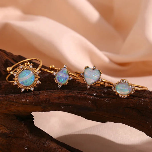 Wholesale Jewelry Elegant Classic Style Geometric Heart Shape 316L Stainless Steel Opal 18K Gold Plated Plating Adjustable Ring - Canvas & Charms