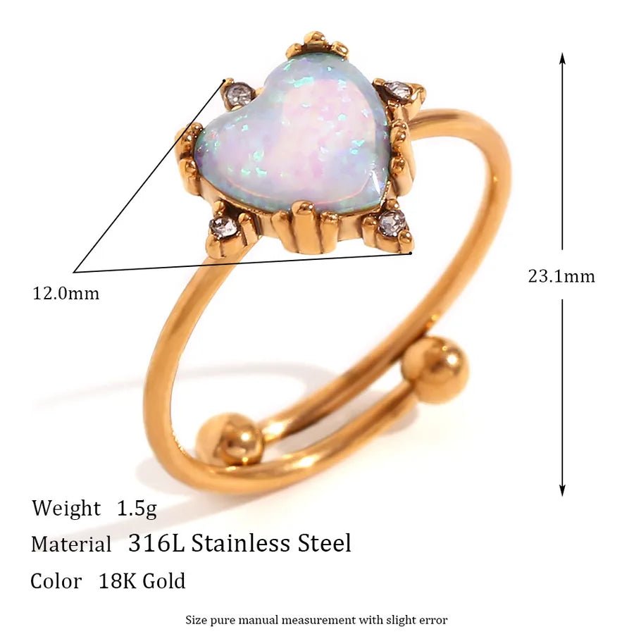 Wholesale Jewelry Elegant Classic Style Geometric Heart Shape 316L Stainless Steel Opal 18K Gold Plated Plating Adjustable Ring - Canvas & Charms