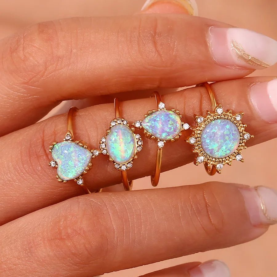 Wholesale Jewelry Elegant Classic Style Geometric Heart Shape 316L Stainless Steel Opal 18K Gold Plated Plating Adjustable Ring - Canvas & Charms