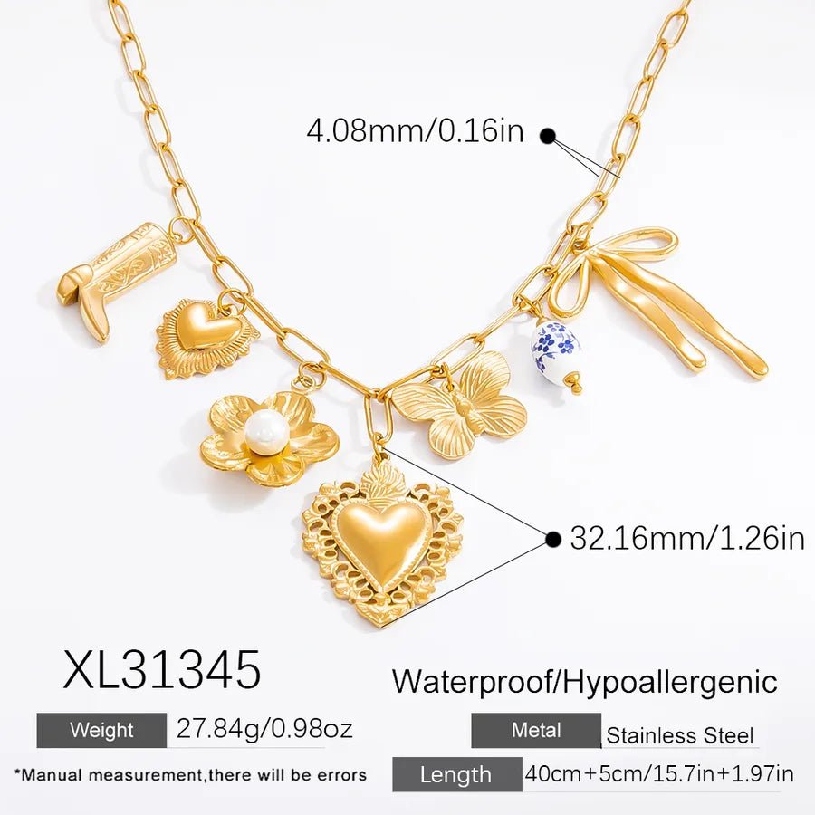 Wholesale Jewelry Elegant Classic Style Heart Shape Flower 304 Stainless Steel Plating Multi Charms Necklace - Canvas & Charms