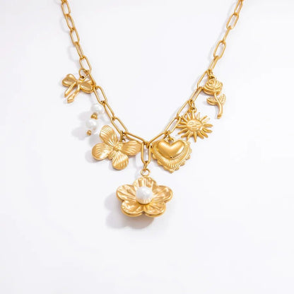 Wholesale Jewelry Elegant Classic Style Heart Shape Flower 304 Stainless Steel Plating Multi Charms Necklace - Canvas & Charms