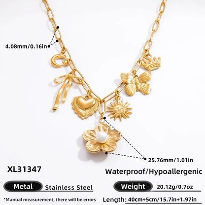 Wholesale Jewelry Elegant Classic Style Heart Shape Flower 304 Stainless Steel Plating Multi Charms Necklace - Canvas & Charms