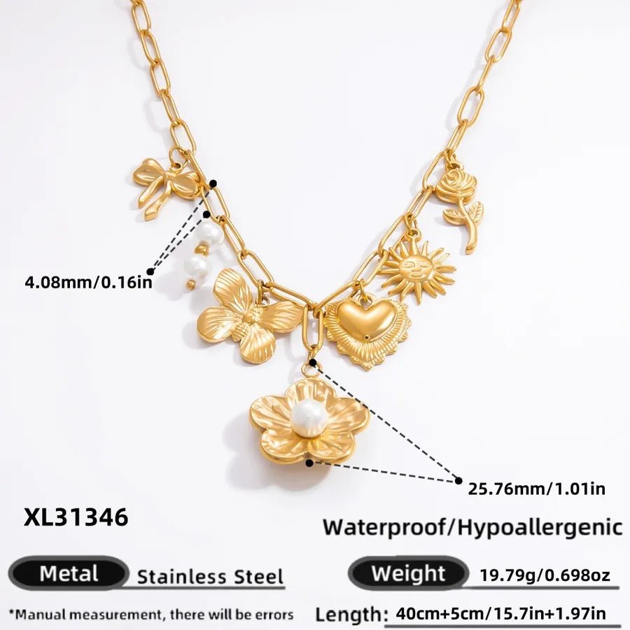 Wholesale Jewelry Elegant Classic Style Heart Shape Flower 304 Stainless Steel Plating Multi Charms Necklace - Canvas & Charms