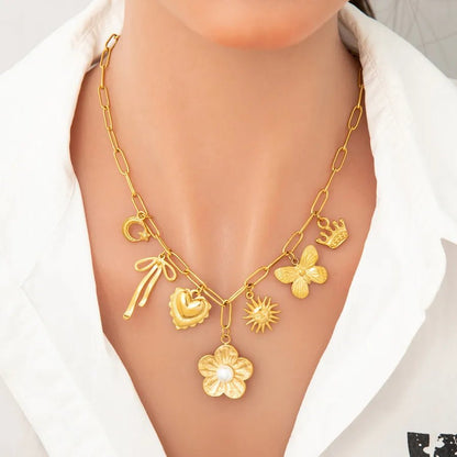 Wholesale Jewelry Elegant Classic Style Heart Shape Flower 304 Stainless Steel Plating Multi Charms Necklace - Canvas & Charms