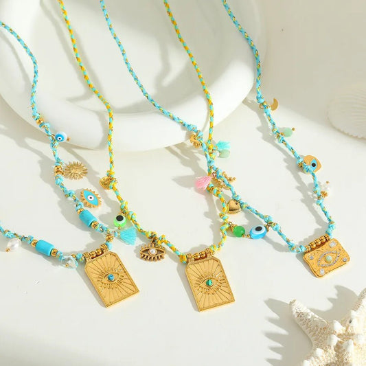 Wholesale Jewelry Elegant Cute Romantic Geometric Eye 304 Stainless Steel Acrylic Imitation Pearl Zircon 14K Gold Plated Plating Inlay Cord String Multi Charms Necklace - Canvas & Charms