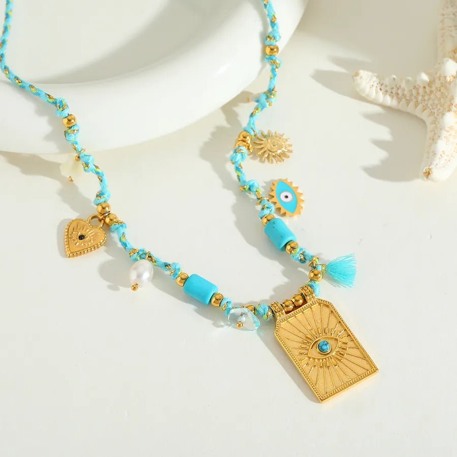Wholesale Jewelry Elegant Cute Romantic Geometric Eye 304 Stainless Steel Acrylic Imitation Pearl Zircon 14K Gold Plated Plating Inlay Cord String Multi Charms Necklace - Canvas & Charms