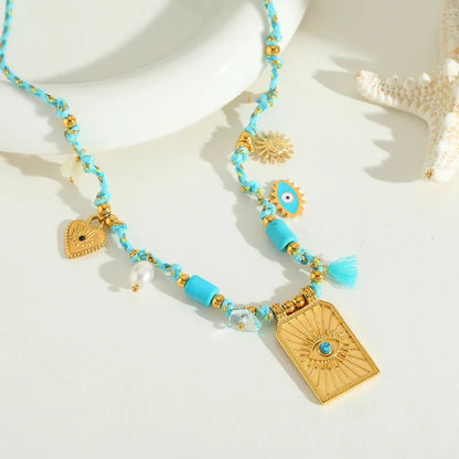 Wholesale Jewelry Elegant Cute Romantic Geometric Eye 304 Stainless Steel Acrylic Imitation Pearl Zircon 14K Gold Plated Plating Inlay Cord String Multi Charms Necklace - Canvas & Charms