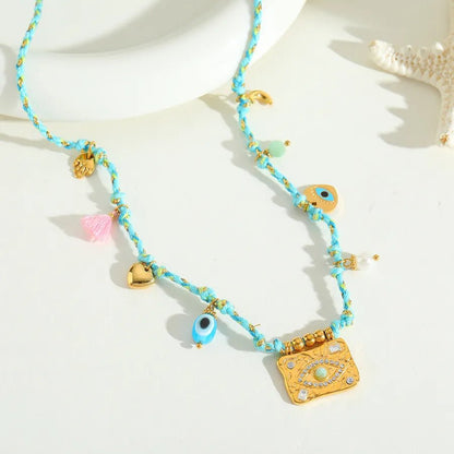Wholesale Jewelry Elegant Cute Romantic Geometric Eye 304 Stainless Steel Acrylic Imitation Pearl Zircon 14K Gold Plated Plating Inlay Cord String Multi Charms Necklace - Canvas & Charms