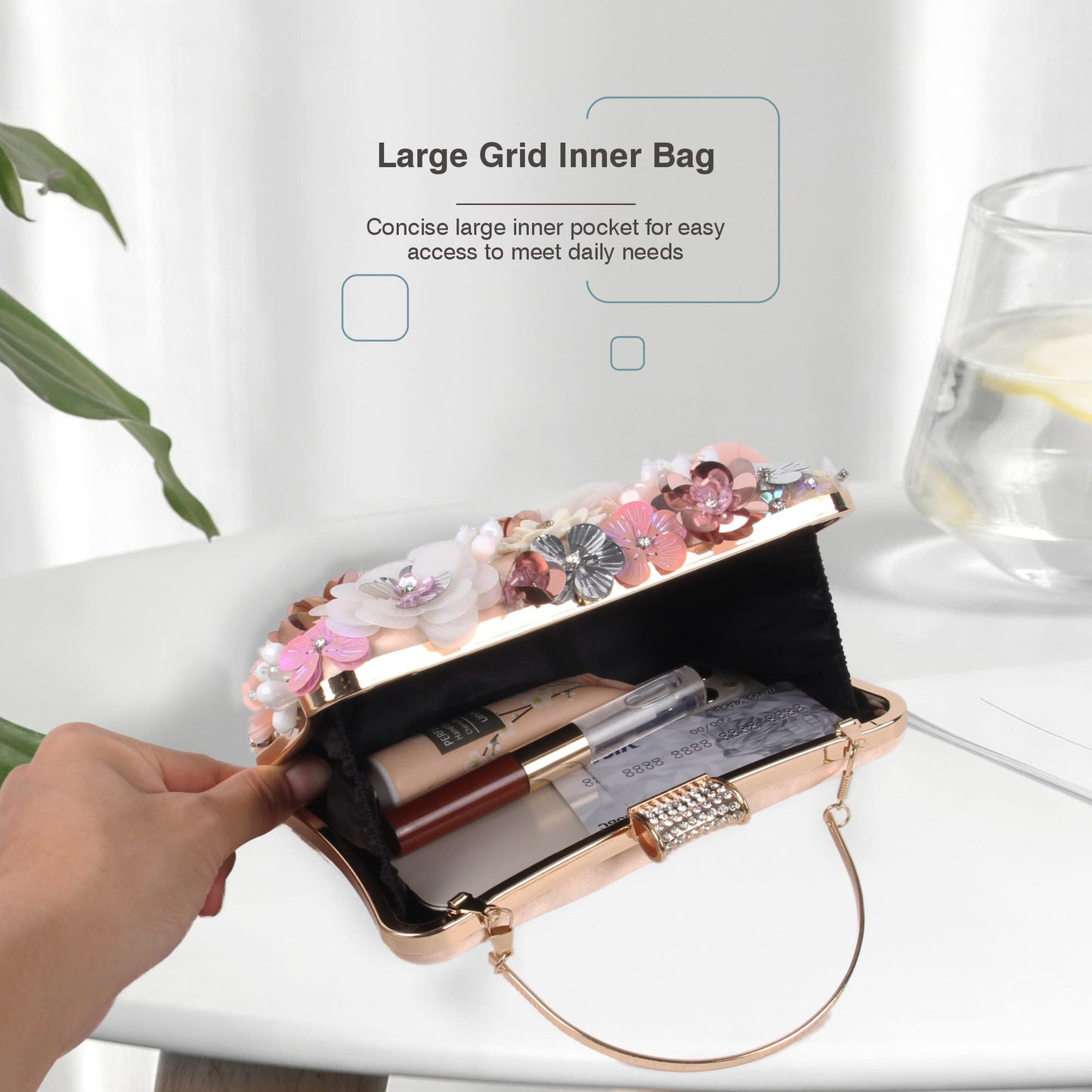 Women Clutches Flower Evening Handbag Chain Strap Shoulder Bag - Canvas & Charms