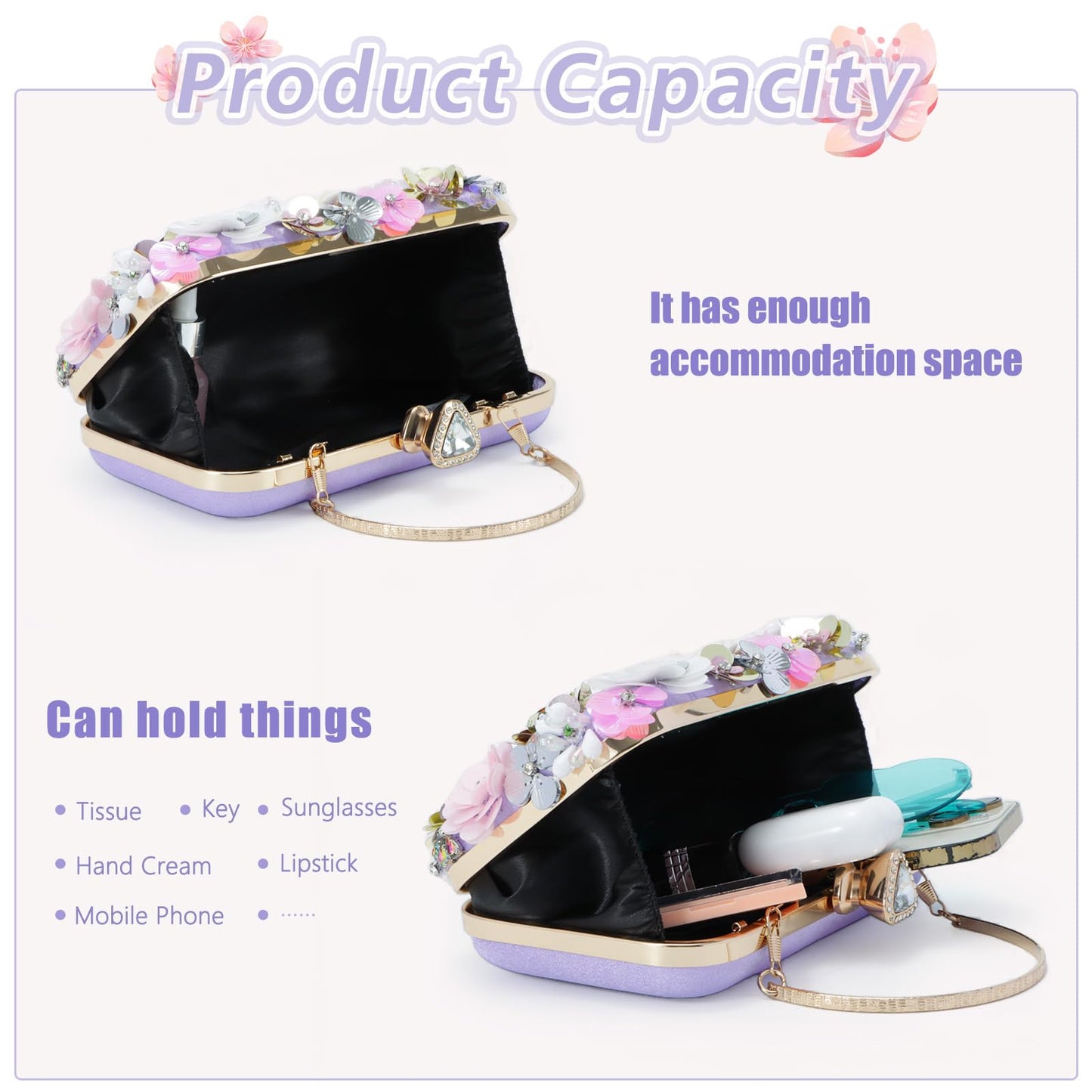 Women Clutches Flower Evening Handbag Chain Strap Shoulder Bag - Canvas & Charms