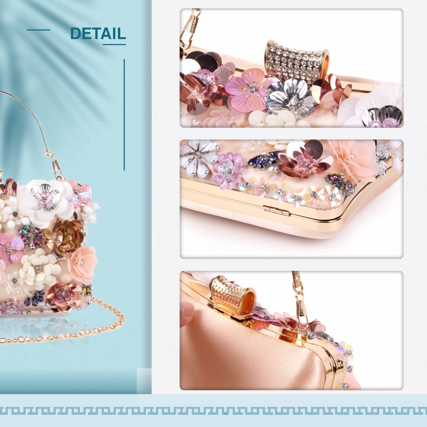 Women Clutches Flower Evening Handbag Chain Strap Shoulder Bag - Canvas & Charms