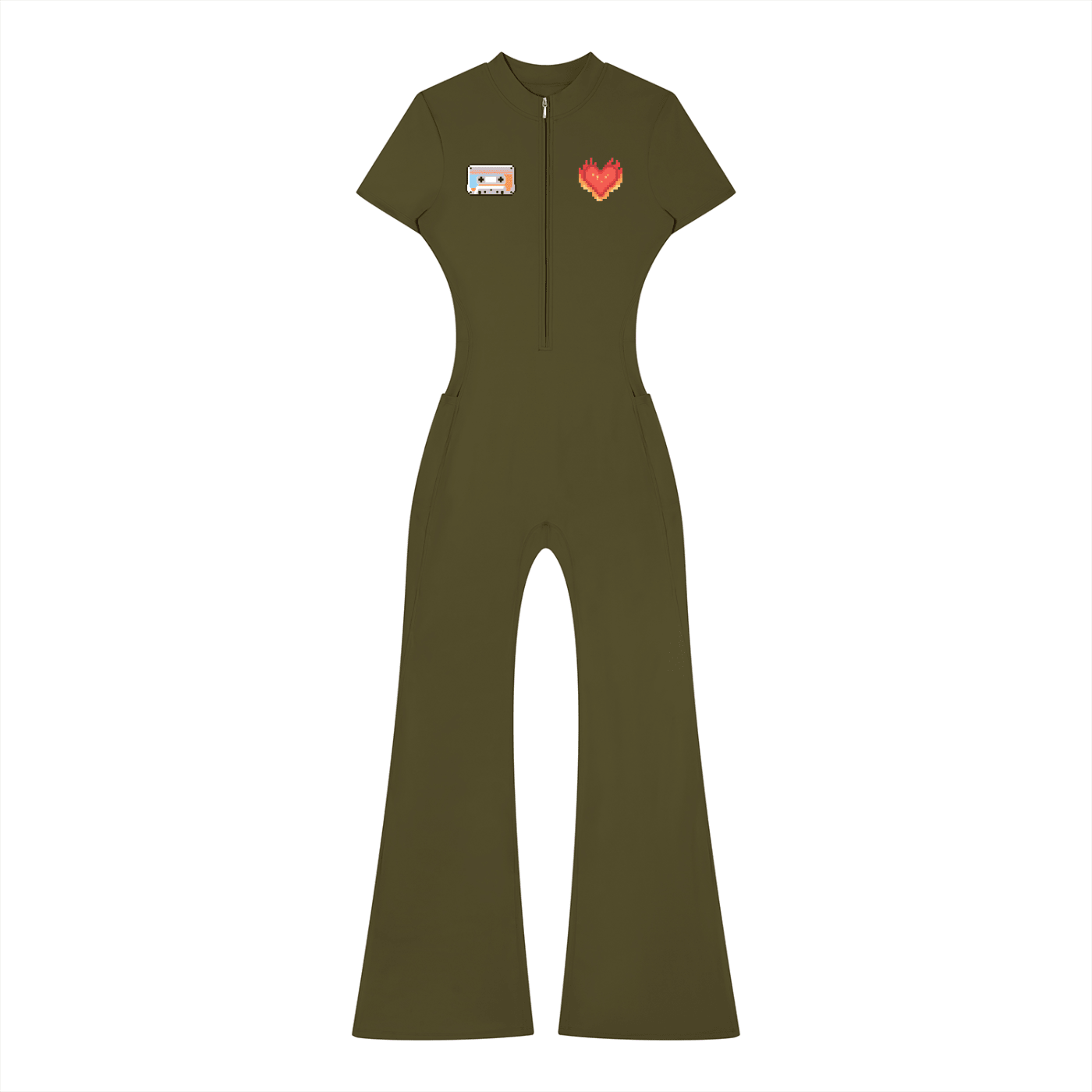 Women’s Tight Fit Flared Leg Quarter-Zip Jumpsuit Y2K Inspired Pixel Art - Canvas & Charms