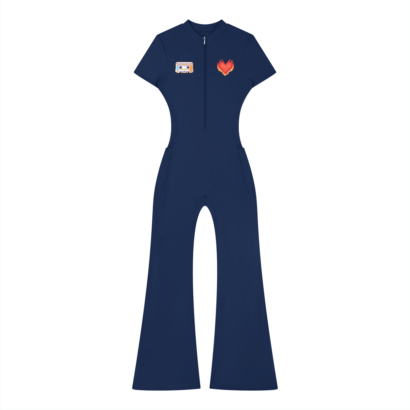 Women’s Tight Fit Flared Leg Quarter-Zip Jumpsuit Y2K Inspired Pixel Art - Canvas & Charms