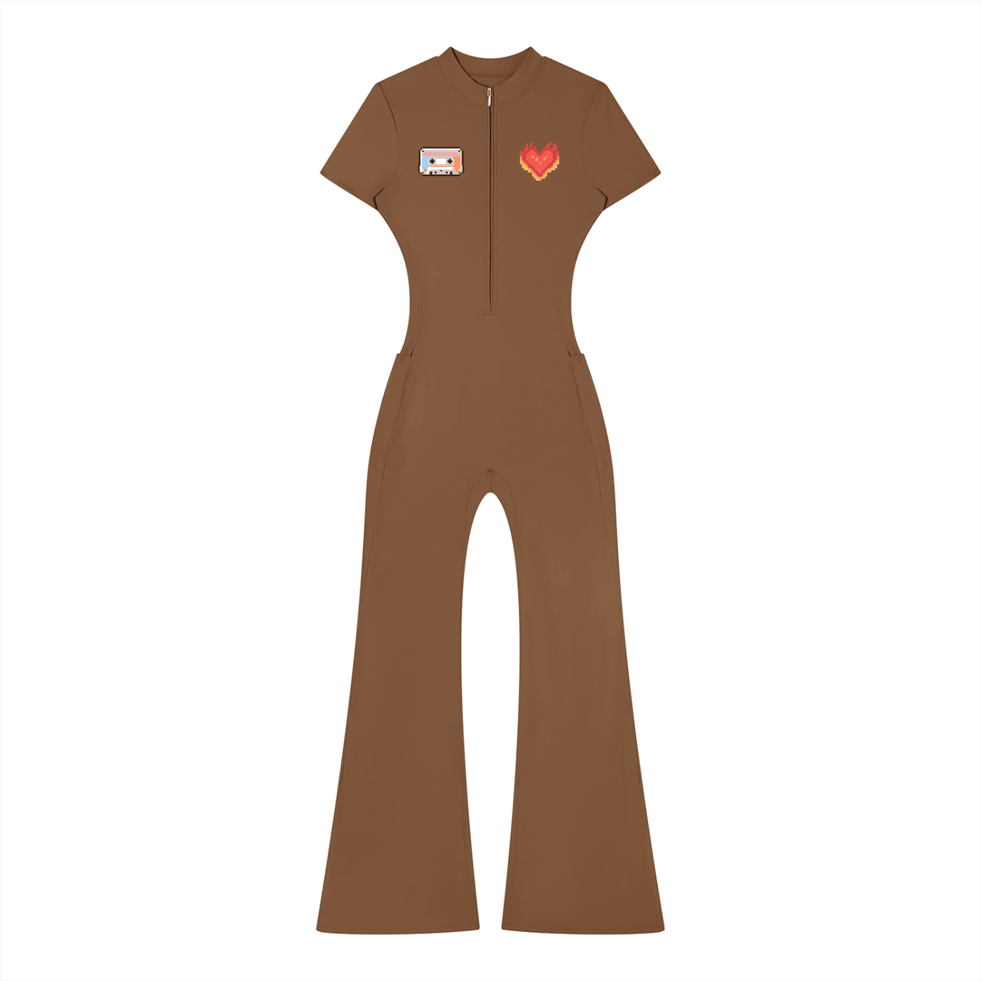 Women’s Tight Fit Flared Leg Quarter-Zip Jumpsuit Y2K Inspired Pixel Art - Canvas & Charms