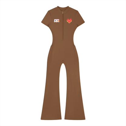 Women’s Tight Fit Flared Leg Quarter-Zip Jumpsuit Y2K Inspired Pixel Art - Canvas & Charms