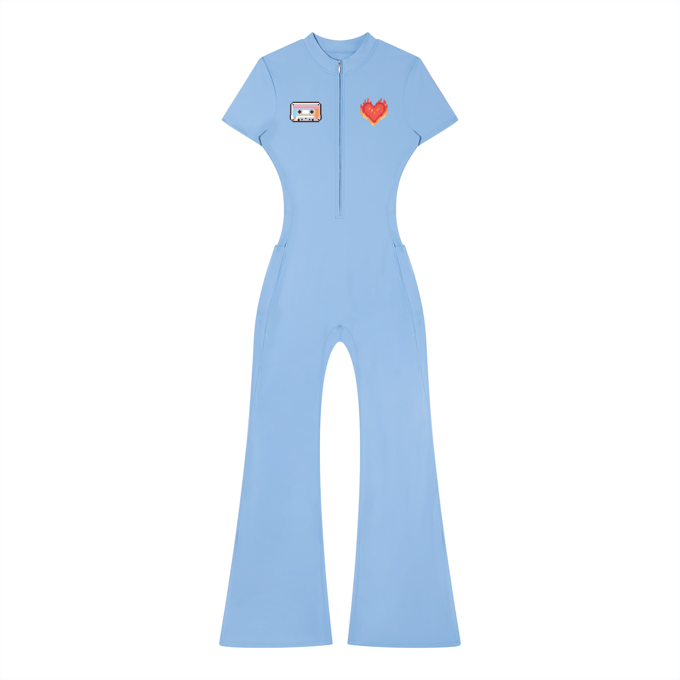 Women’s Tight Fit Flared Leg Quarter-Zip Jumpsuit Y2K Inspired Pixel Art - Canvas & Charms