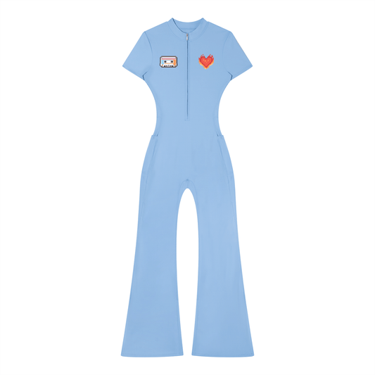 Women’s Tight Fit Flared Leg Quarter-Zip Jumpsuit Y2K Inspired Pixel Art - Canvas & Charms